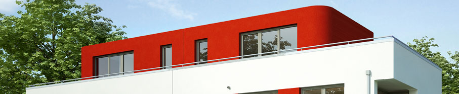 Fassadengestaltung - Doppelhaus weiss rot 2 -- Fotolia 66391776 © KB3
